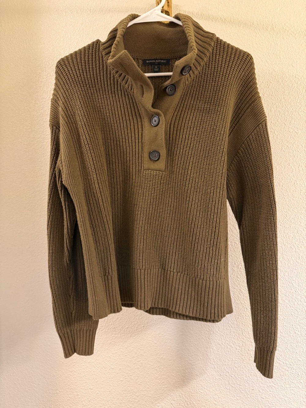 Banana Republic Womens Olive Ribbed Button-Neck Sweater